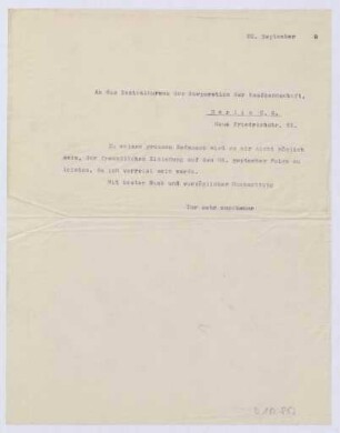 Schreiben an das Zentralbureau der Korporation der Kaufmannschaft, Berlin (Brief)