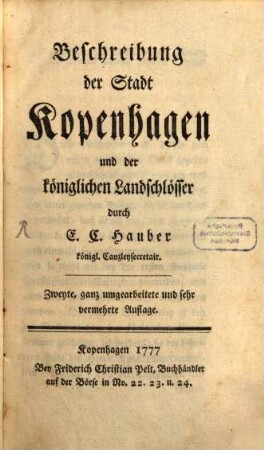 Beschreibung der Stadt Kopenhagen und der königlichen Landschlösser
