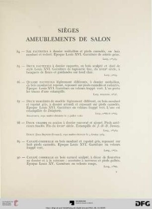 Sièges Ameublements de salon (Nr. 84-100) avec planche VII-VIII