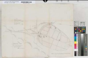 Geometrische Karte von der streitigen Chausseelinie vor dem Westentor zu Iserlohn [mit Skizze der Stadt]. 1.9.1808. Wesermann, Oberwegeinspektor, Düsseldorf