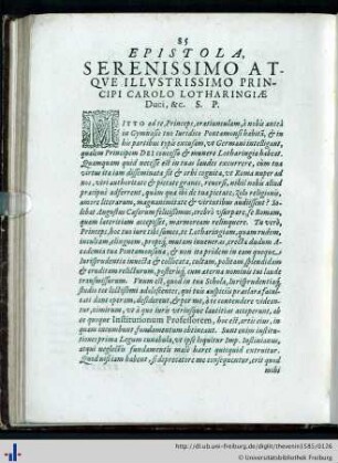 Epistola , Serenissimo atque illustrissimo Principi Carolo Lotharingae…