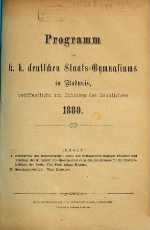 Programm des K.K. Deutschen Staatsgymnasiums in Budweis : veröff. am Schlusse des Schuljahres .... 1879/80