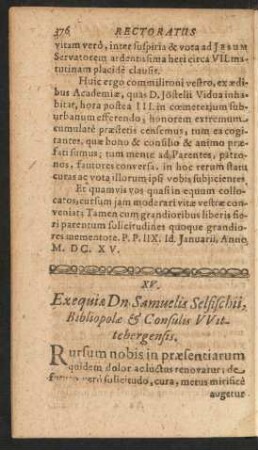 XV. Exequiae Dn. Samuelis Selfischii, Bibliopolae & Consulis Wittegergensis.