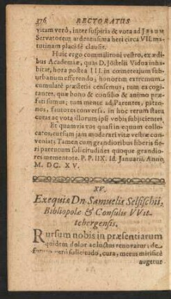 XV. Exequiae Dn. Samuelis Selfischii, Bibliopolae & Consulis Wittegergensis.