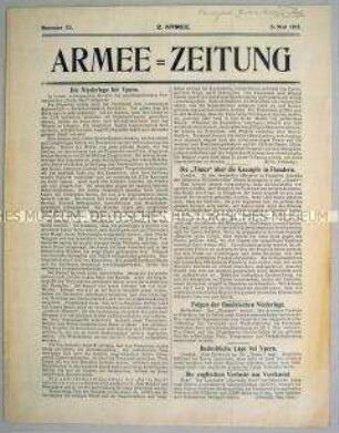 Nachrichtenblatt der 2. Armee "Armee-Zeitung" u.a. zu den Kämpfen bei Ypern