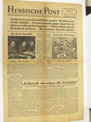 Nachrichtenblatt der US-Armee "Hessische Post" u.a. zur Lage in Deutschland nach der Kapitulation und zum Krieg gegen Japan