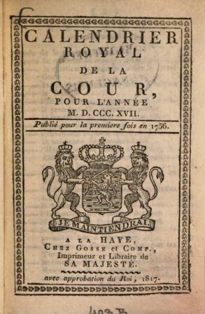 Calendrier royal de la cour pour l'année ..., 1817