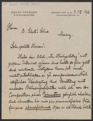 Brief an B. Schott's Söhne : 01.12.1912