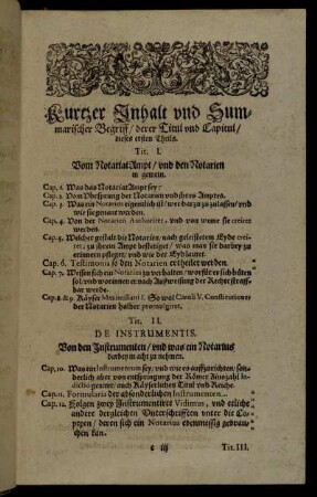 Kurtzer Inhalt und Summarischer Begriff/ derer Titul und Capitul/ dieses ersten Theils.