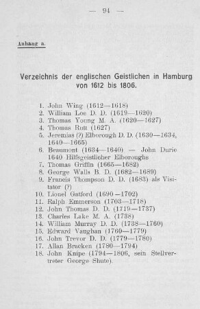Anhang a. Verzeichnis der englischen Geistlichen in Hamburg von 1612 bis 1806.