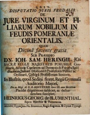 Disp. ... de iure virginum et filiarum nobilium in feudis Pomeraniae Orientalis