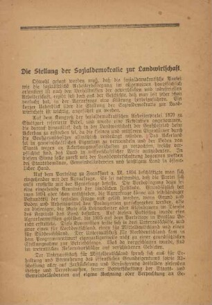 Die Stellung der Sozialdemokratie zur Landwirtschaft