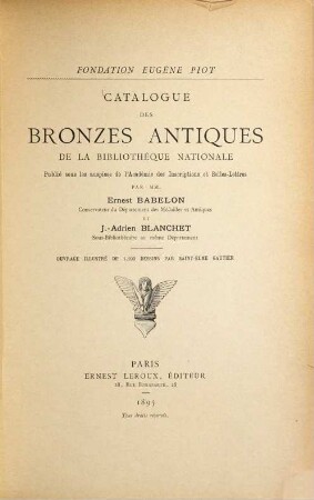 Catalogue des bronzes antiques de la Bibliothèque Nationale