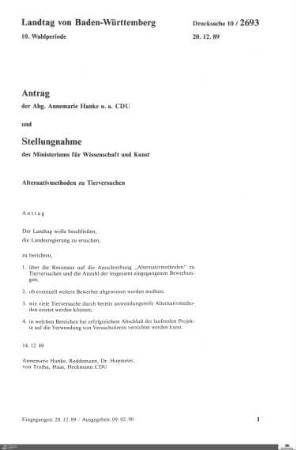 Antrag der CDU: Alternativmethoden zu Tierversuchen