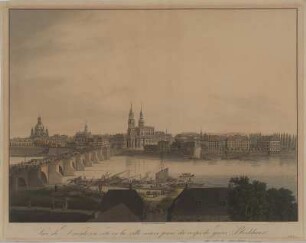 Ansicht von Dresden, Kupferstich, um 1820 : Vue de Dresde du coté de la ville neuve prise du corps de garde Blockhaus / C. A. Richter ad. nat. delin. et sculps. - Dresden : E. Arnold , [um 1820]. - 1 Kunstblatt : altcol. Umrißrad. ; 63 x 47 cm