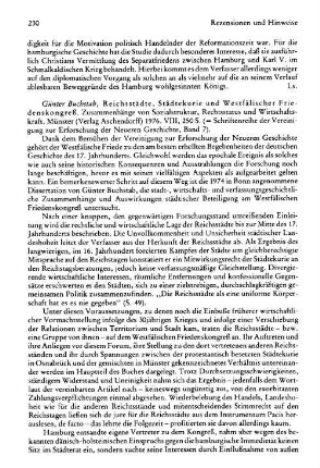 Buchstab, Günter :: Reichsstädte, Städtekurie und Westfälischer Friedenskongreß, Zusammenhänge von Sozialstruktur, Rechtsstatus und Wirtschaftskraft, (Schriftenreihe der Vereinigung zur Erforschung der Neueren Geschichte, 7) : Münster, Aschendorff, 1976