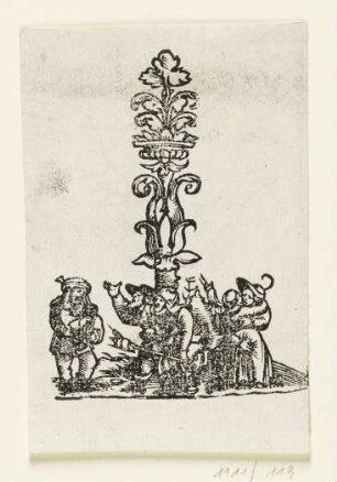Zwei Bauernpaare und ein Musikant an einer vegetabilen Säule, Blatt 10 der Folge "Zehn Fragmente eines Kartenspiels"