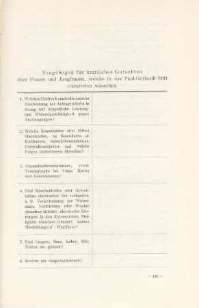 Fragebogen für ärztliches Gutachten über Frauen und Jungfrauen, welche in das Paul-Gerhardt-Stift einzutreten wünschen