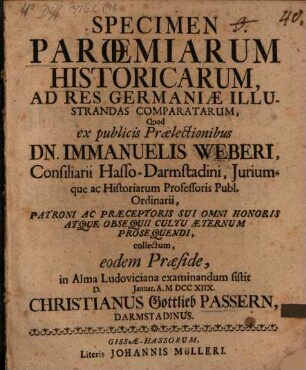 Specimen paroemiarum historicarum, ad res Germaniae illustrandas comparatarum