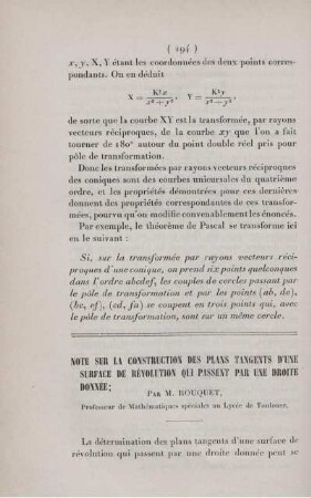 Note sur la construction des plans tangents d'une surface de révolution qui passent par une droite donnée.