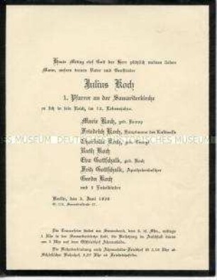 Todesanzeige für den 1. Pfarrer an der Samariterkirche - Personenkonvolut