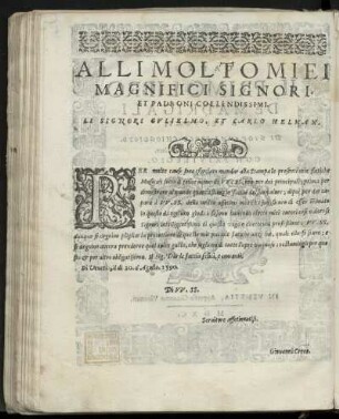 Dedikation an Gulielmo und Carlo Helman von Giovanni Croce, Venedig 20. August 1590