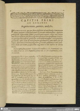 Capitis Primi Ad Romanos Argumentum, partitio, analysis