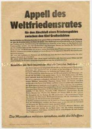 Sonderdruck des Appells des Weltfriedensrates für Abschluss eines Friedenspaktes zwischen den Großmächten, mit Resolution für Entsendung einer Delegation an die UNO (betrifft Entschließung zum Korea-Krieg)