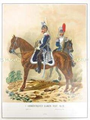 Uniformdarstellung, Offizier und Stabstrompeter des 1. Hannoverschen Ulanen-Regiments No. 13 zu Pferd, Preußen, 1866. Tafel 91 aus: Schindler: Suplement zum Militair-Album.