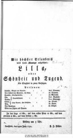 Lilla, oder Schönheit und Tugend