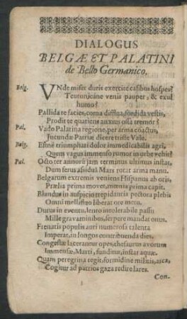 Dialogus Belgae Et Palatini De Bello Germanico. = Gespräch eines Niderländers und Pfältzers vom Teutschen Krieg.
