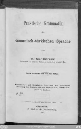 Theil 1: Praktische Grammatik der osmanisch-türkischen Sprache