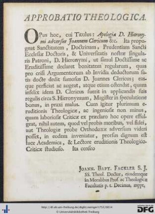 Approbatio Theologica.