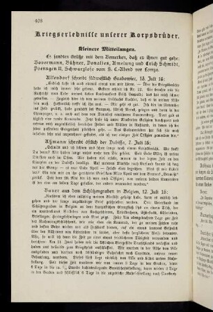 408-427, Kriegserlebnisse unserer Korpsbrüder. Kleinere Mitteilungen