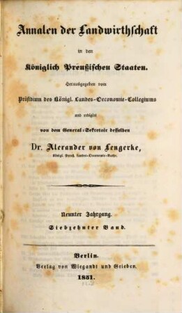 Annalen der Landwirthschaft in den Königlich Preußischen Staaten, 17. 1851 = Jg. 9