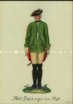 Uniformdarstellung, Gemeiner des Feldjäger-Korps zu Fuß, Preußen, 1744.