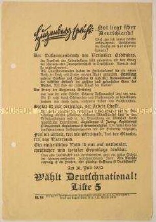 Programmatischer Wahlaufruf der Deutschnationalen Volkspartei anlässlich der Reichstagswahl Juli 1932