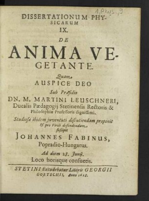 Dissertationum Physicarum ... De Anima Vegetante