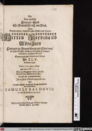 Der Beste und Veste Hertzogs-Stab So Gotteshülffe biß ins Grab : Dem ... Herren Ferdinand Albrechten Hertzogen zu Braunschweig und LÜneburg ... Am XLV. Geburts-Tage Anno 1680. den 22. Maii auß Psalm LXXI. v. 4.-13. ...
