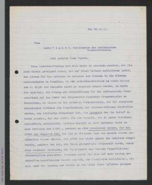 Brief von Helene Lange an Marie Wegner