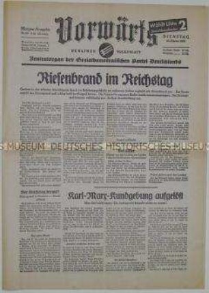 Nachdruck des SPD-Organs "Vorwärts" zum Reichstagsbrand 1933
