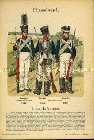 Uniformdarstellung, Grenadier und Musketiere der Linien-Infanterie, Russland, 1808/1809.