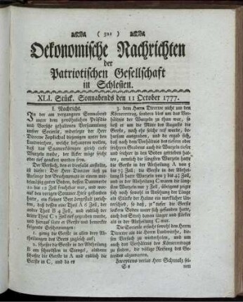 XLI. Stück. Sonnabends den 11 October 1777.
