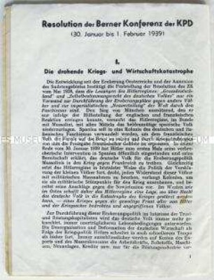 Tarnschrift in neutralem Einband zur "Berner Konferenz" der KPD vom Januar 1939