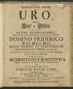 1: Dissertatio ... De Uro, Germanicè Auer-Ochsen, Prior, Dissertatio Prior De Uro, Germanicè Auer-Ochsen