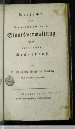 Versuche über Gegenstände der innern Staatsverwaltung und der politischen Rechenkunst