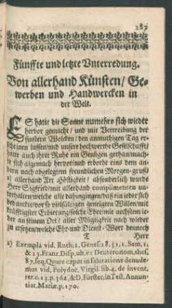 Fünffte und letzte Unterredung. Von allerhand Künsten/ Gewerben und Handwercken in der Welt.