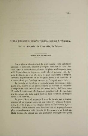 Sulla riduzione degl´integrali estesi a varietà.