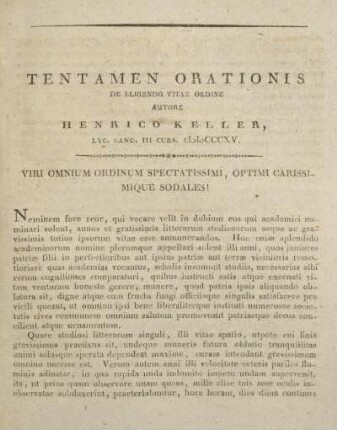 Tentamen orationis de eligendo vitae ordine autore Henrico Keller ...