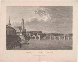Die durch französische Truppen am 19. März 1813 gesprengte Elbbrücke (alte Augustusbrücke) in Dresden von Osten, links die Altstadt mit Brühlscher Terrasse, Hofkirche und Italienischem Dörfchen